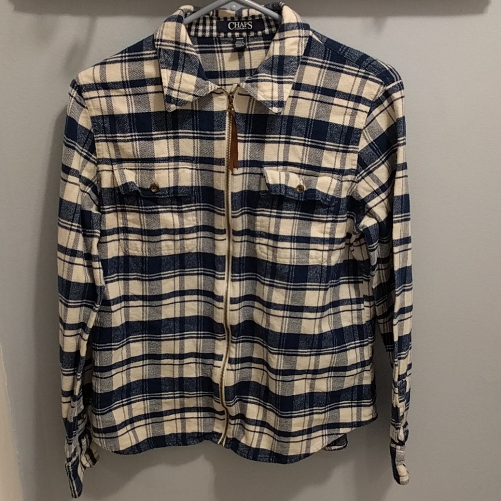 Chaps Denim Striped Zipper Long Sleeve Top